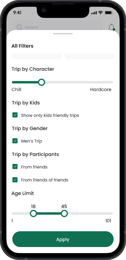 trip filters app screen